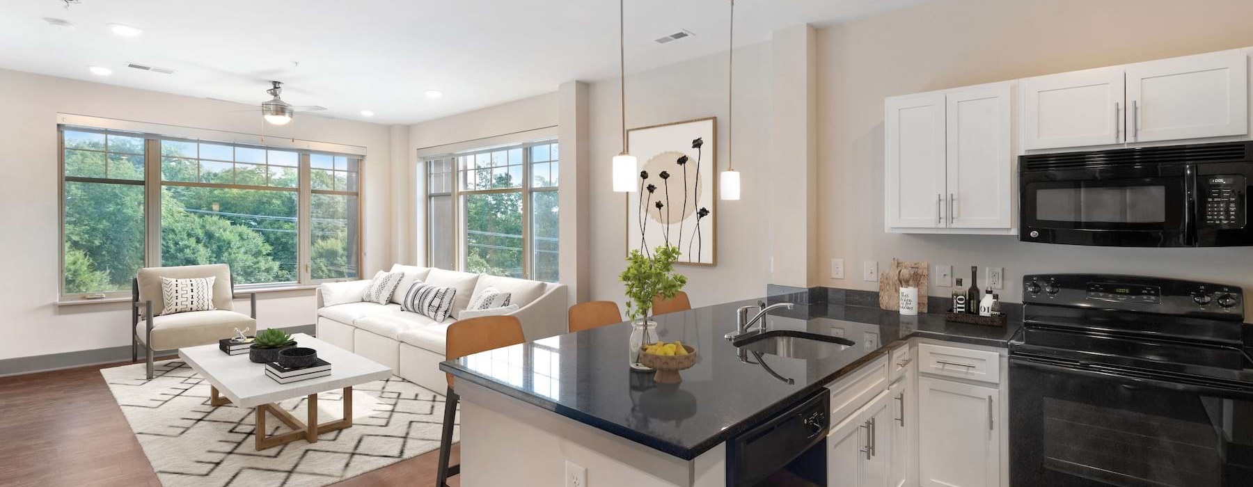 a kitchen and a living room 