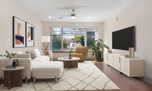 a living room with a couch, a tv and a coffee table