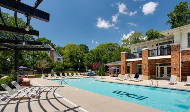 Relax and unwind poolside a swimming pool in a backyard